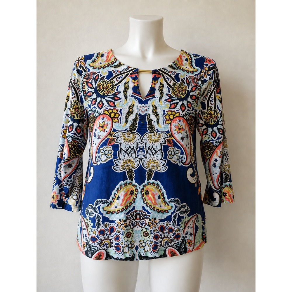 Lavanya Petite Multicolor Paisley 3/4 Sleeve Blouse Navy Size PS